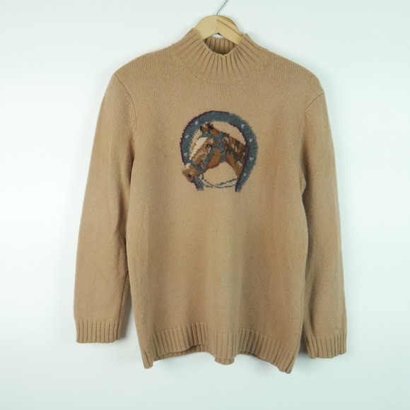 Lauren Ralph Lauren Sweaters - Lauren Ralph Lauren Petite Large Lambswool Horse Intarsia Mock Neck Sweater Tan